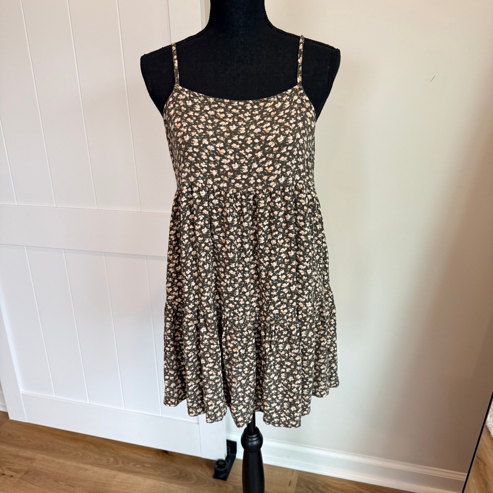American Eagle Floral Tiered Mini Dress Medium Olive Green Babydoll Boho